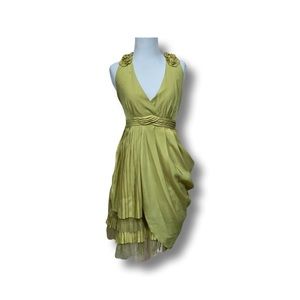 RYU mustard color pleated mini dress v-neck tie-back. Size small